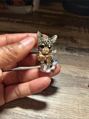 Crystal Embellished Fox Brooch - Gray and Gold